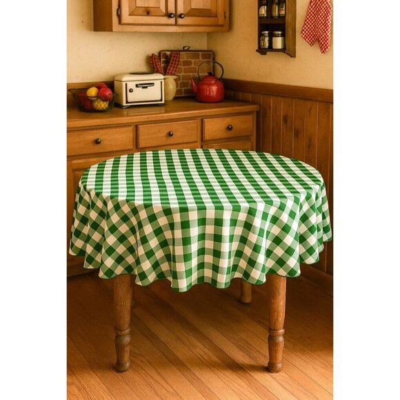 70-Inch Round Polyester Tablecloth Green & White Checker Linen Tablecloth Durabl - Picture 3 of 8